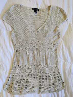 Vintage INC Crochet Cap Sleeve Ecru Color Top Size L